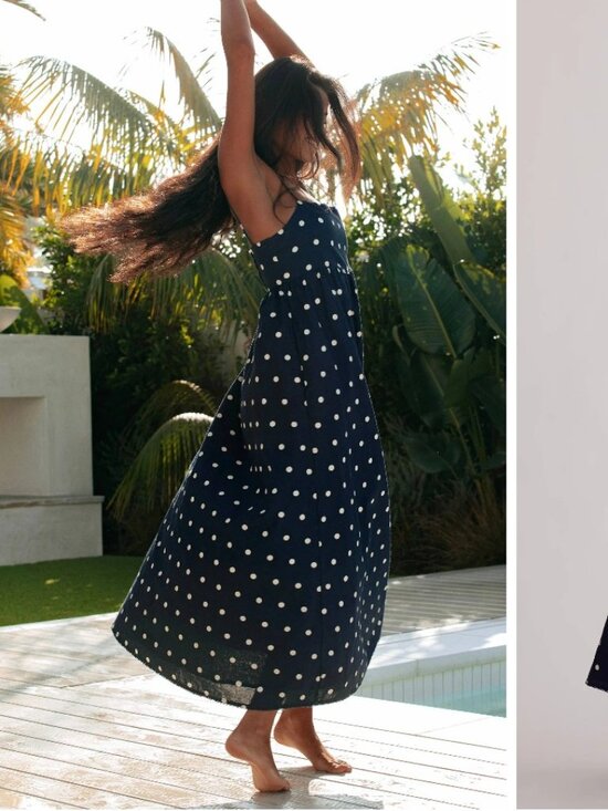 BEACH RIOT Valory Maxi Dress in Navy Polka Dot cotton linen flowy blue summer - Picture 2 of 5